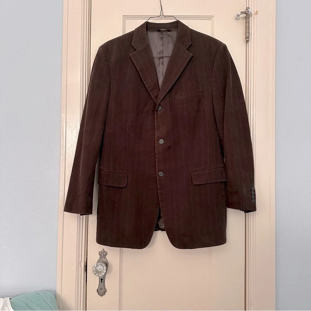 Vtg Banana Republic Blazer Chocolate Brown Pin Strip 44 R
